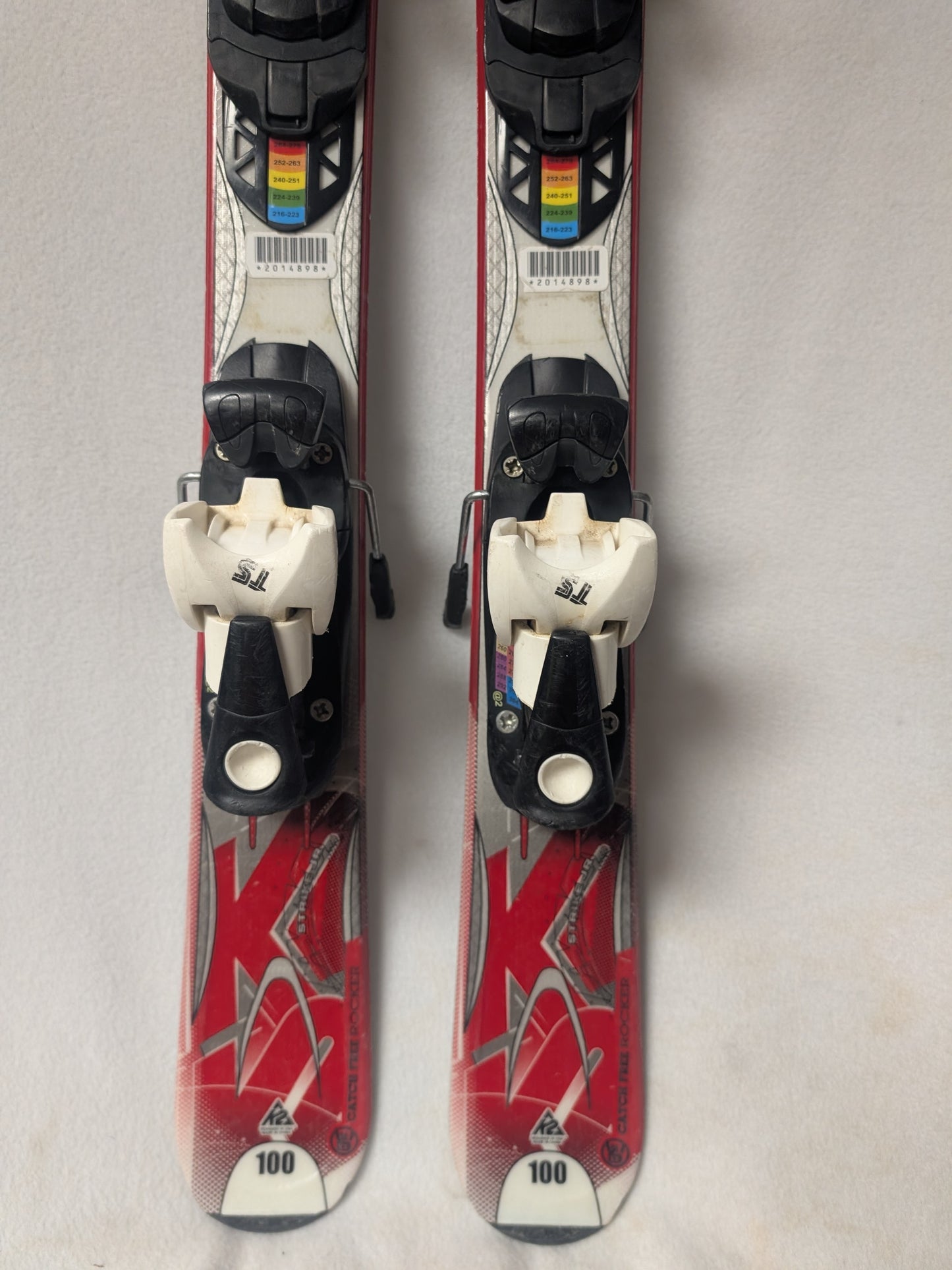 K2 Catch Free Rocker Skis w/Salomon T5 Bindings Size 100 Cm Color Red Condition Used