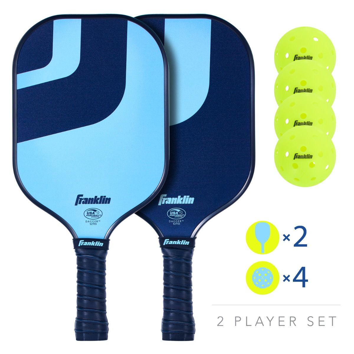 Franklin Dagger Pickleball Paddle Propylene & Ball 2 Player Blue New