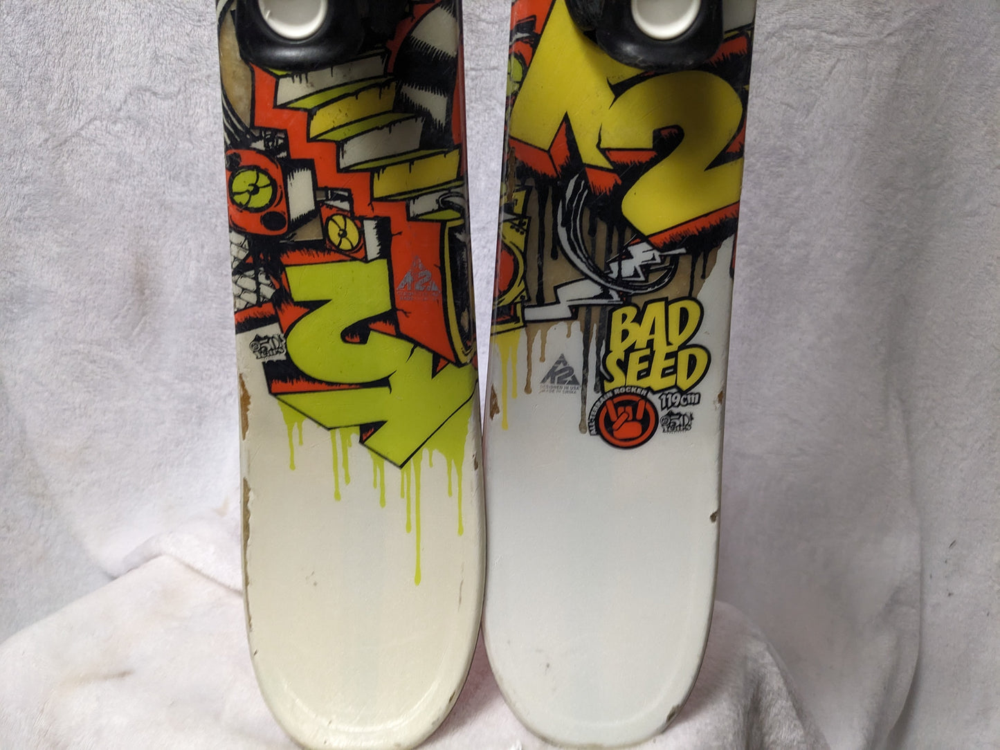 K2 Bad Seed Twin Tip Skis w/Salomon Bindings Size 119 Cm Color White Condition Used