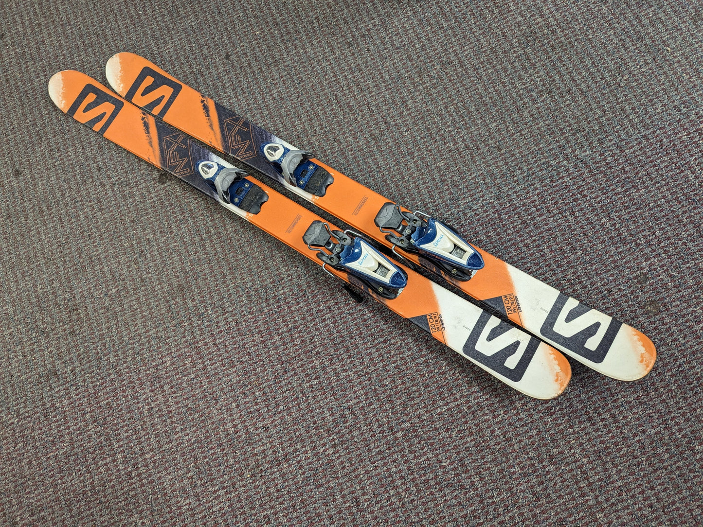 Salomon NFX Twin Tip Skis w/Look Bindings Size 120 Cm Color Orange Condition Used