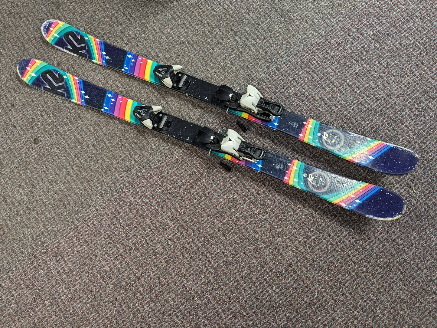 K2 Missy Twin Tip Skis w/Atomic Bindings Size 139 Cm Color Black Condition Used