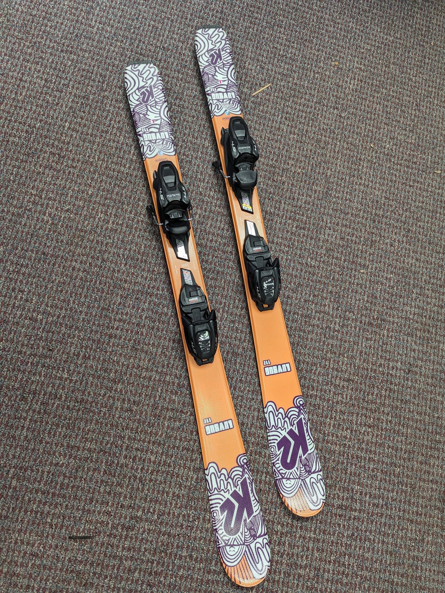 Luv Bug Skis w/Marker 4.5 Bindings Size 112 Cm Color Peach Condition Used Luvbug GripWalk Grip Walk Alliance