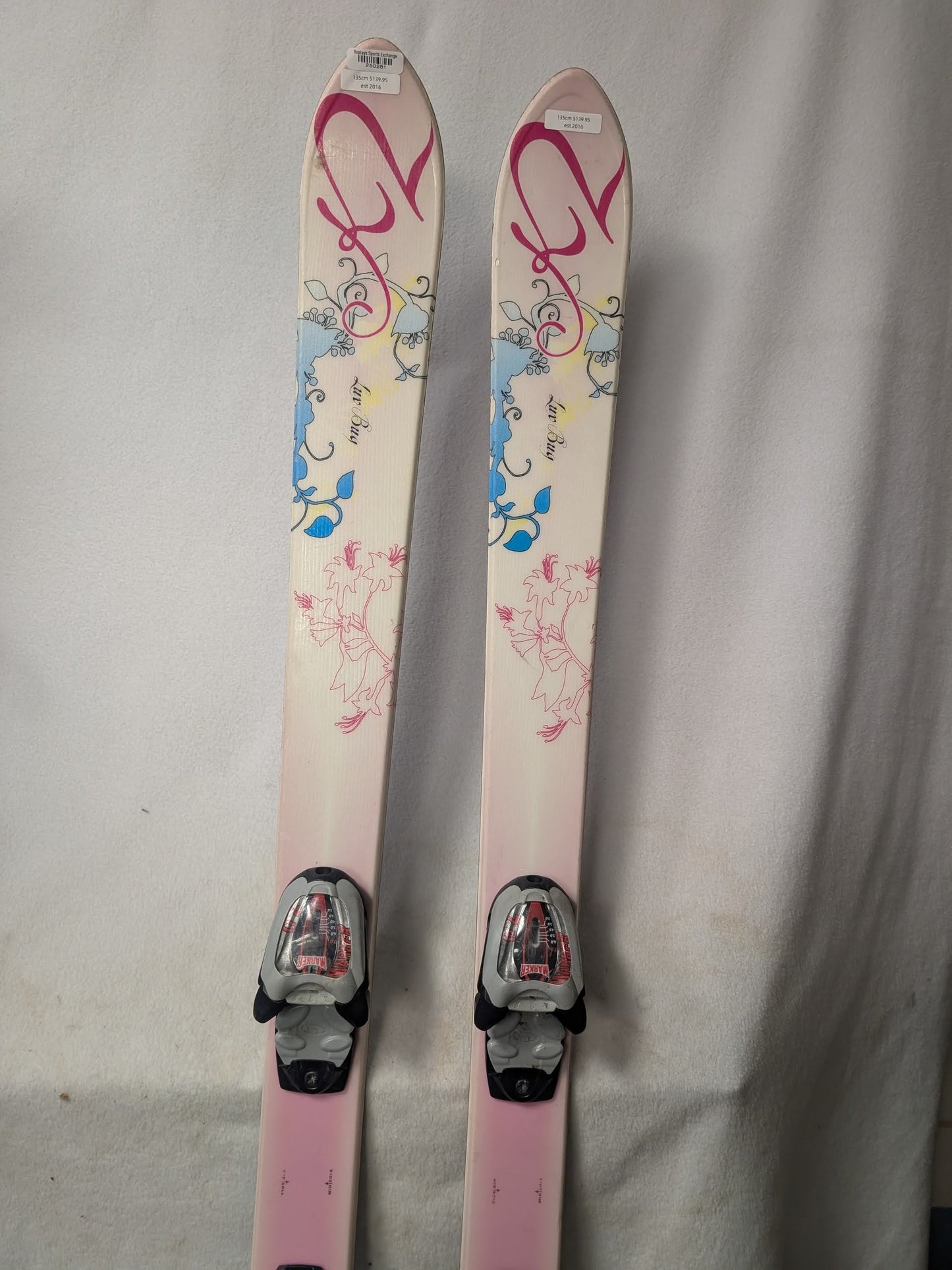 K2 Luv Bug Skis Marker 7.0 Bindings 135 Cm Color Pink Condition Used
