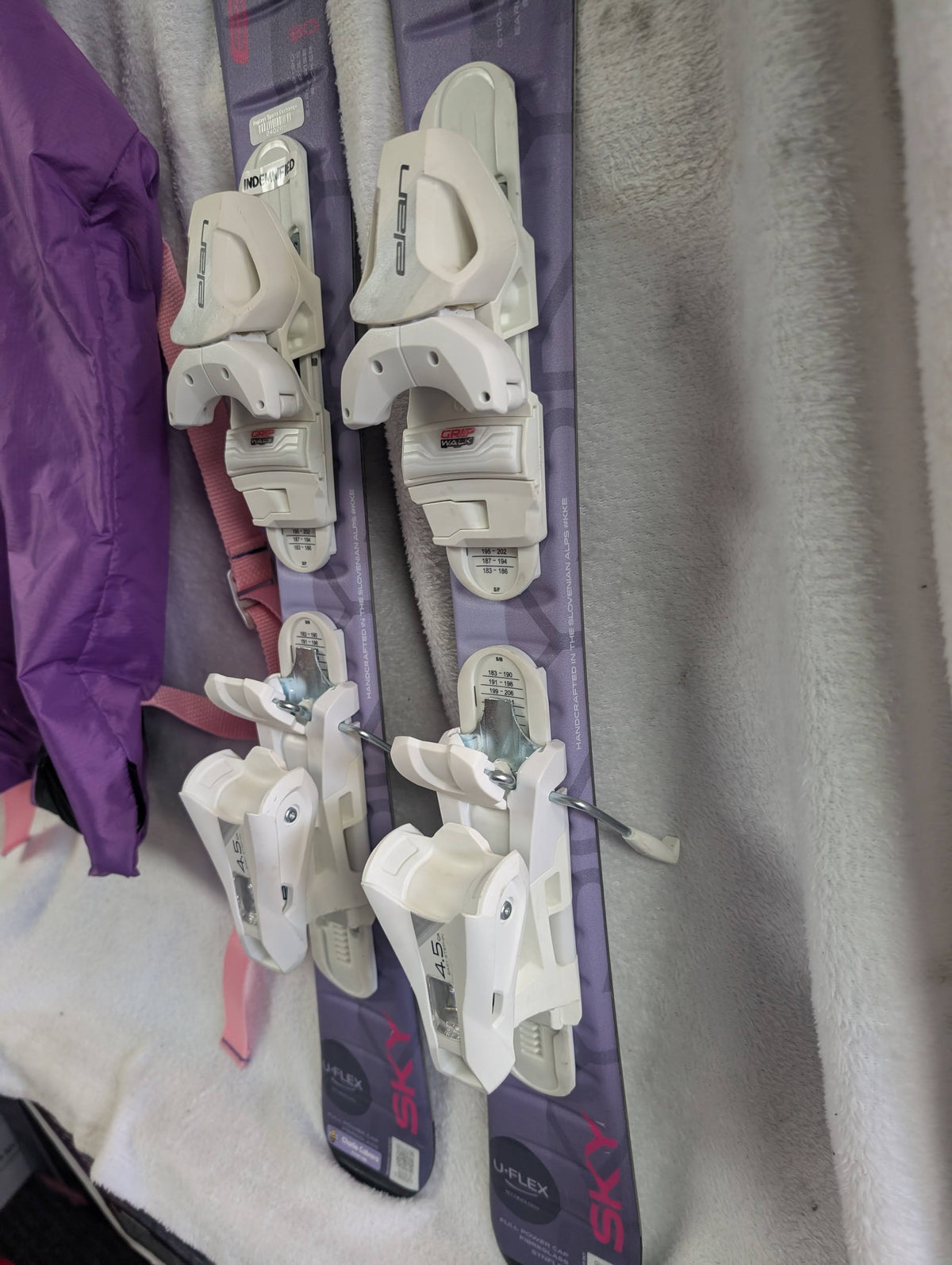 Elan Sky Youth Skis Elan 4.5 Bindings Size 80 Cm Color Lavender w/Ski Pack Condition Used