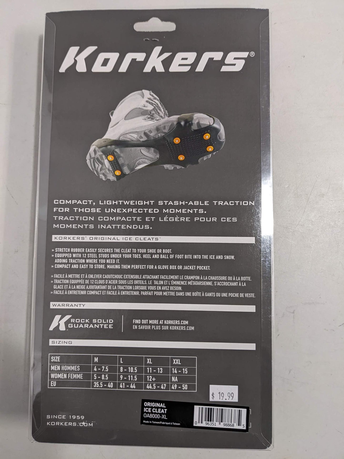 Korkers Original Ice Cleats Medium,  Large and XL, Gray New