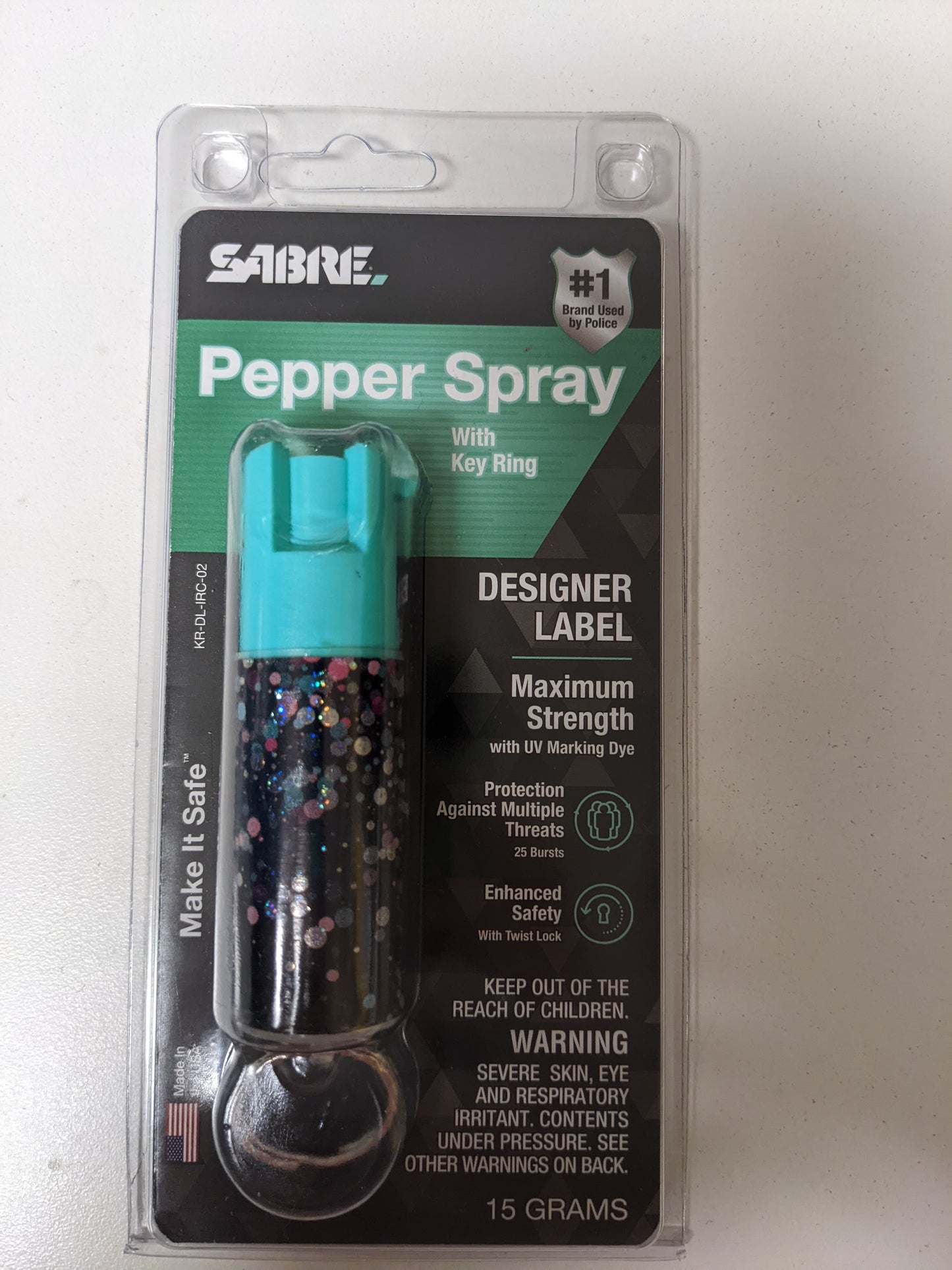 Sabre Pepper Spray with Key Ring Designer Label Iredescent Confetti 15 grams New